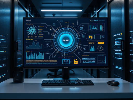 Advanced AI platform dashboard interface showing neural network visualization, data processing flows and algorithm performance metrics, dark theme interface with blue and cyan accent colors, modern futuristic design with multiple analytical components